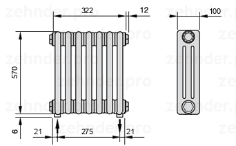 Схема (чертеж) Радиатор Zehnder Charleston 3057/7 №5310 Technoline TL